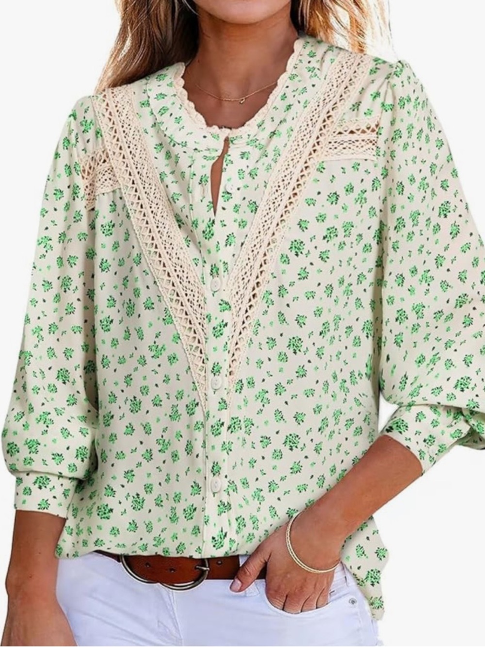Women’s green Floral Lace-Trim Blouse - boutique Brand